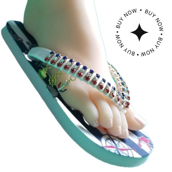 Women's Luxury nautical flip flops, with crystals and rhinestones, all occasions - Picture 14 of 17